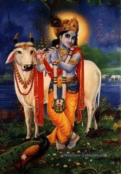 Krishna et vache avec hindouisme paon Peinture à l'huile